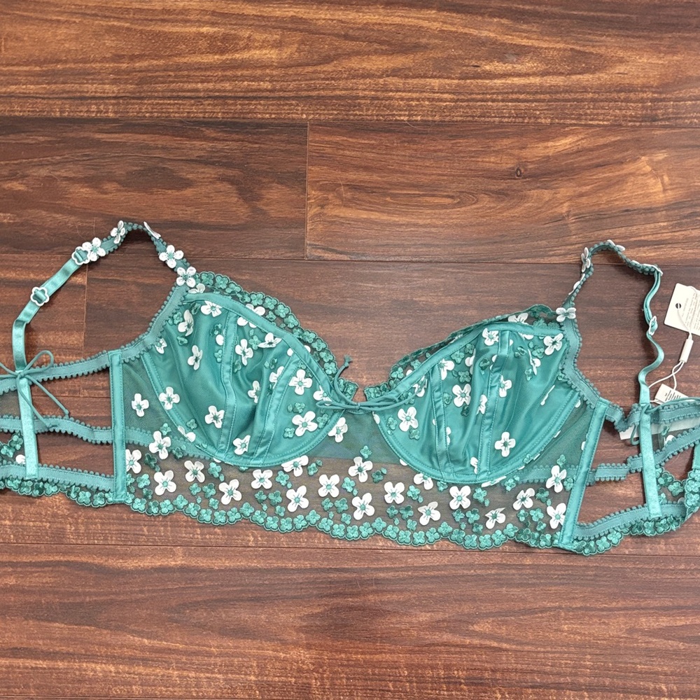 For Love And Lemons Teal Floral Lace Bra